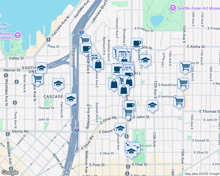 map of restaurants, bars, coffee shops, grocery stores, and more near in Seattle