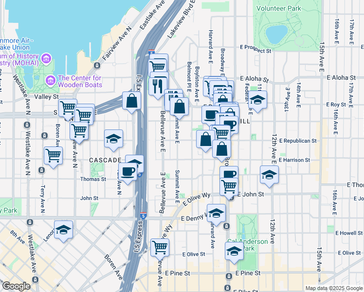 map of restaurants, bars, coffee shops, grocery stores, and more near in Seattle