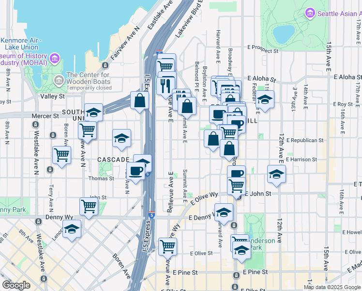 map of restaurants, bars, coffee shops, grocery stores, and more near in Seattle