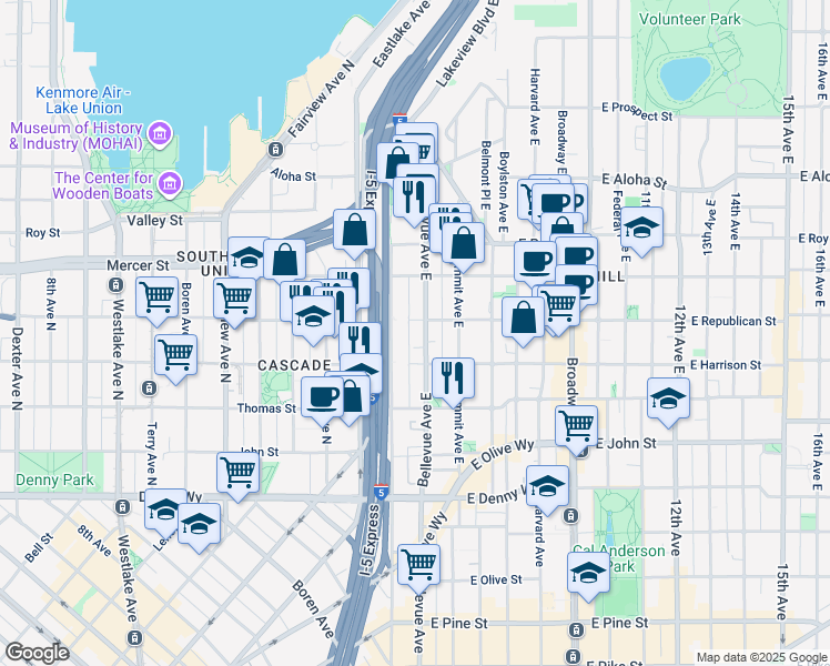 map of restaurants, bars, coffee shops, grocery stores, and more near 510 Bellevue Avenue East in Seattle