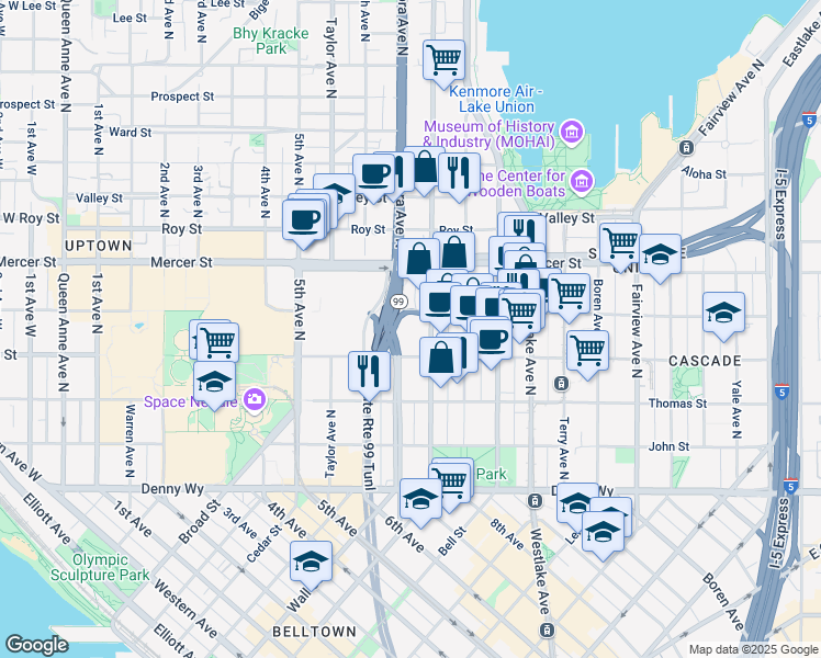 map of restaurants, bars, coffee shops, grocery stores, and more near 509 Dexter Avenue North in Seattle