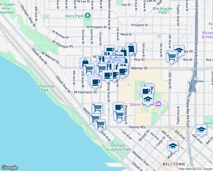 map of restaurants, bars, coffee shops, grocery stores, and more near 500 Queen Anne Avenue North in Seattle