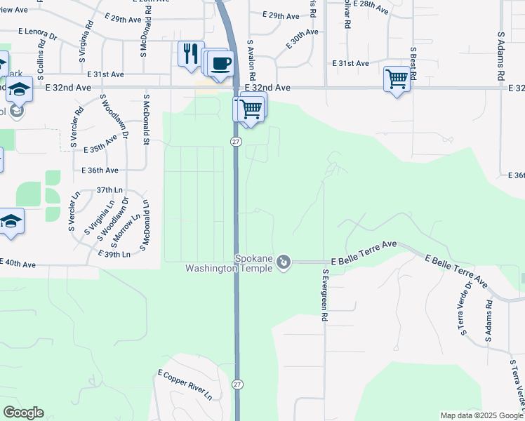 map of restaurants, bars, coffee shops, grocery stores, and more near 3711 Washington 27 in Spokane