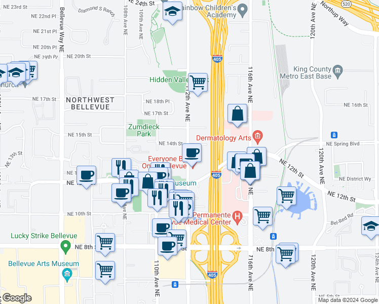 map of restaurants, bars, coffee shops, grocery stores, and more near 11223 Northeast 13th Street in Bellevue