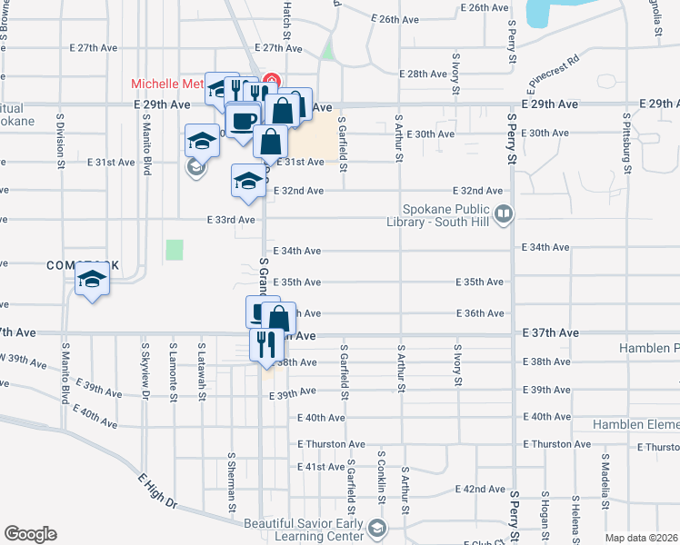 map of restaurants, bars, coffee shops, grocery stores, and more near 904 East 34th Avenue in Spokane