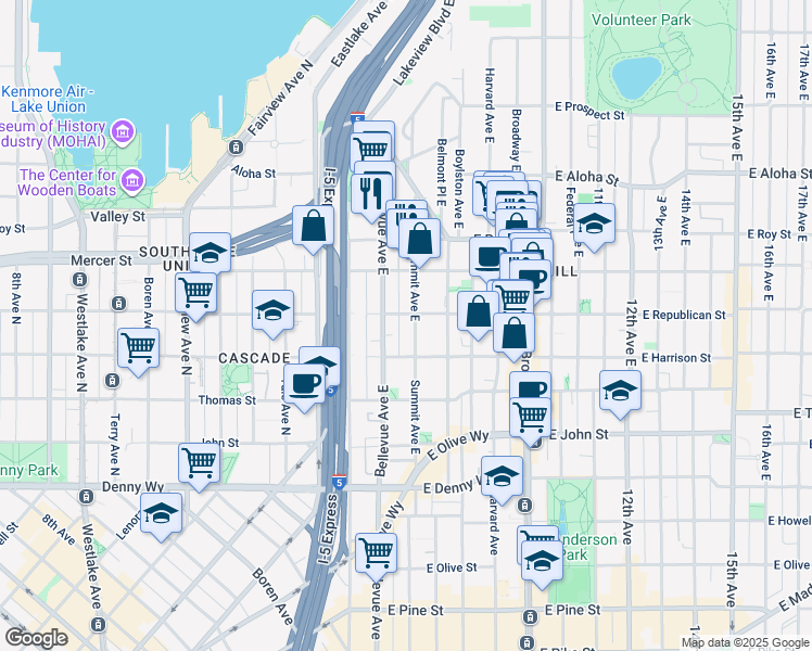 map of restaurants, bars, coffee shops, grocery stores, and more near 427 Summit Avenue East in Seattle