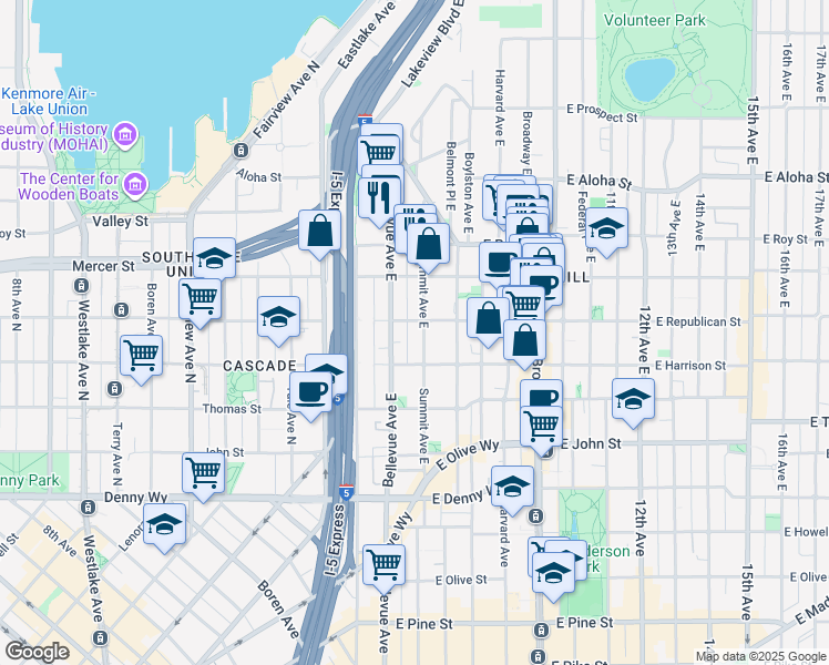 map of restaurants, bars, coffee shops, grocery stores, and more near 427 Summit Avenue East in Seattle