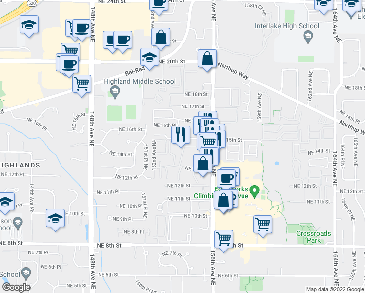 map of restaurants, bars, coffee shops, grocery stores, and more near 1750 152nd Avenue Northeast in Bellevue