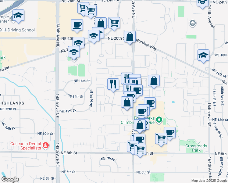 map of restaurants, bars, coffee shops, grocery stores, and more near 15416 Northeast 15th Place in Bellevue