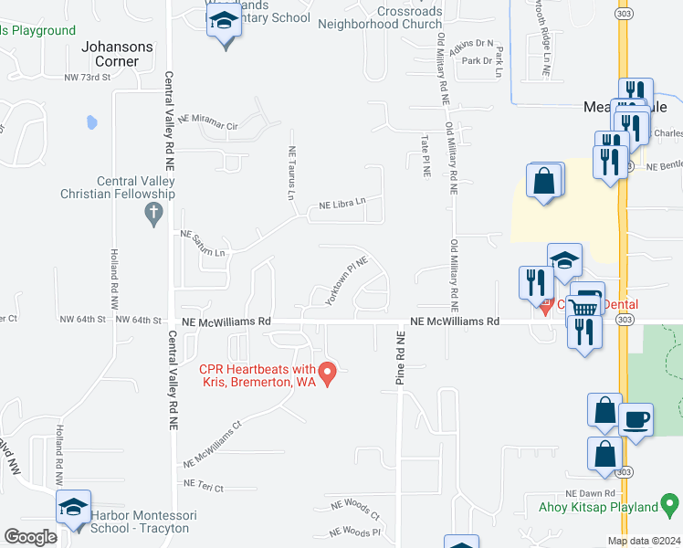 map of restaurants, bars, coffee shops, grocery stores, and more near 6556 Yorktown Place Northeast in Bremerton