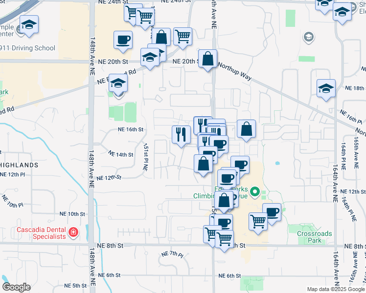 map of restaurants, bars, coffee shops, grocery stores, and more near 1415 154th Avenue Northeast in Bellevue