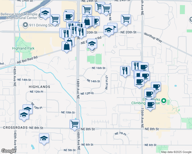 map of restaurants, bars, coffee shops, grocery stores, and more near 15007 Northeast 15th Street in Bellevue
