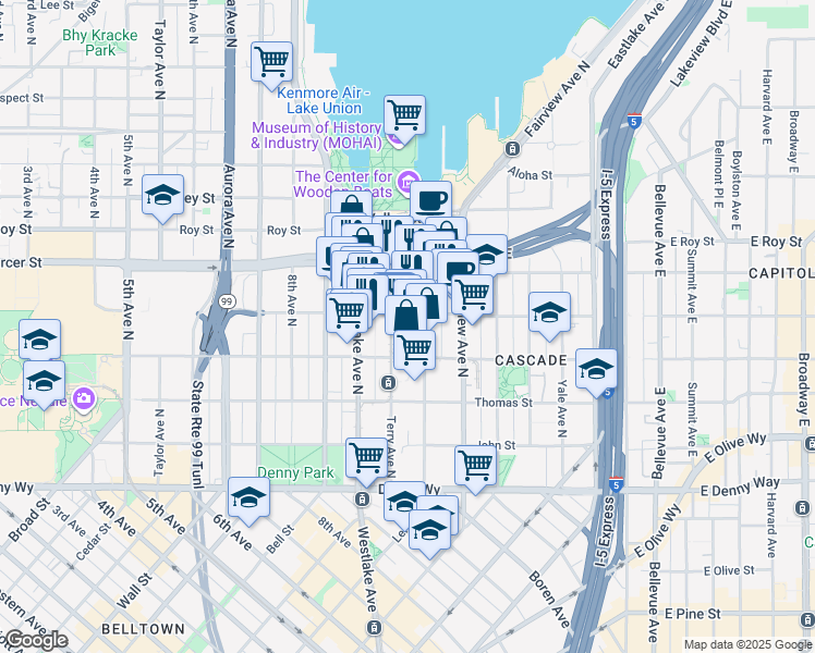 map of restaurants, bars, coffee shops, grocery stores, and more near 440 Terry Avenue North in Seattle