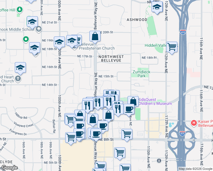 map of restaurants, bars, coffee shops, grocery stores, and more near 1380 Bellevue Way Northeast in Bellevue