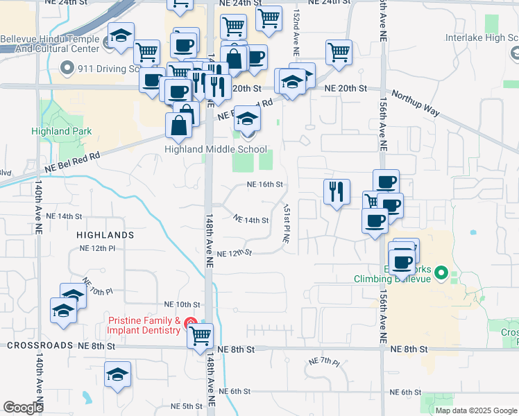 map of restaurants, bars, coffee shops, grocery stores, and more near 15007 Northeast 15th Street in Bellevue