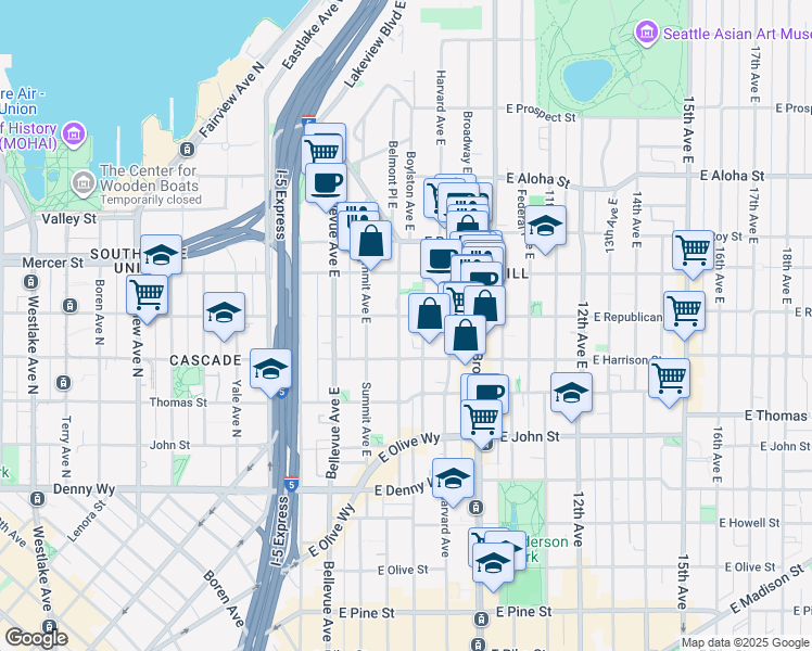 map of restaurants, bars, coffee shops, grocery stores, and more near in Seattle