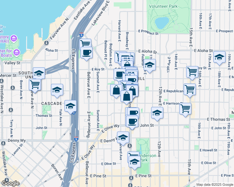 map of restaurants, bars, coffee shops, grocery stores, and more near 505 Broadway East in Seattle