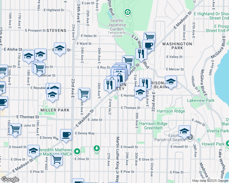 map of restaurants, bars, coffee shops, grocery stores, and more near in Seattle