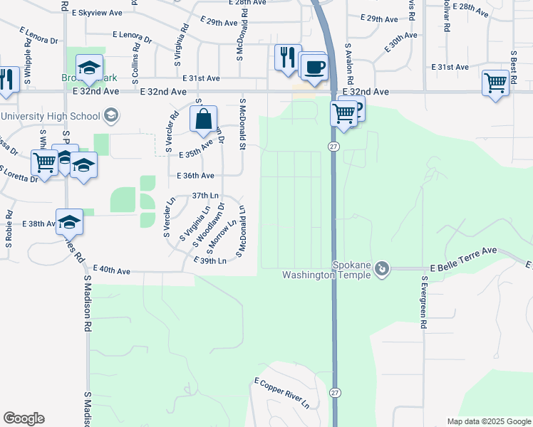 map of restaurants, bars, coffee shops, grocery stores, and more near 13025 East 37th Court in Spokane Valley
