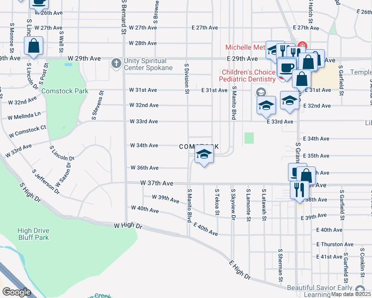 map of restaurants, bars, coffee shops, grocery stores, and more near 4 East 34th Avenue in Spokane