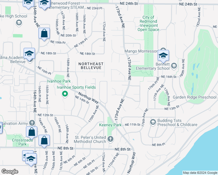 map of restaurants, bars, coffee shops, grocery stores, and more near 17201 Northeast 15th Place in Bellevue