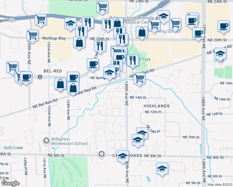map of restaurants, bars, coffee shops, grocery stores, and more near 13851 Bel-Red Road in Bellevue