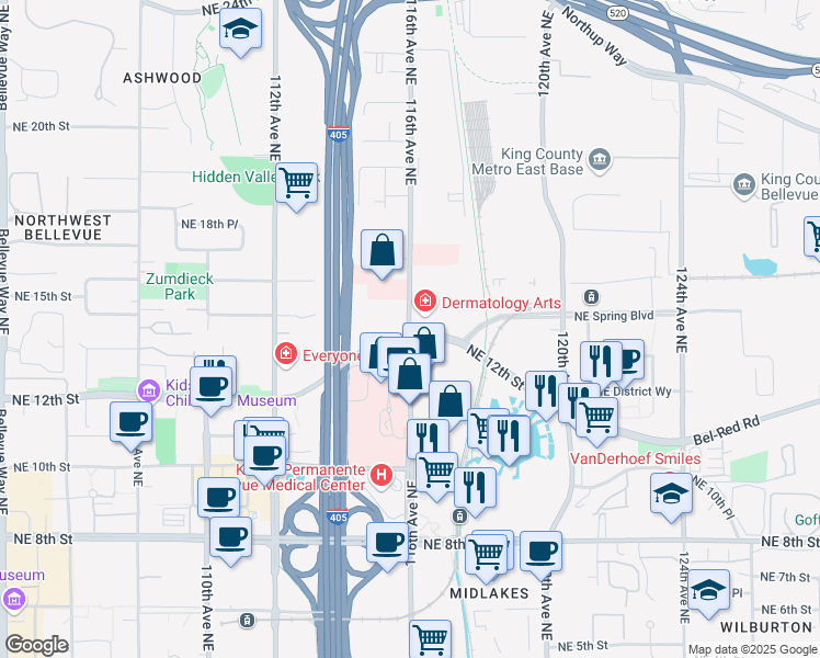 map of restaurants, bars, coffee shops, grocery stores, and more near 1414 116th Avenue Northeast in Bellevue