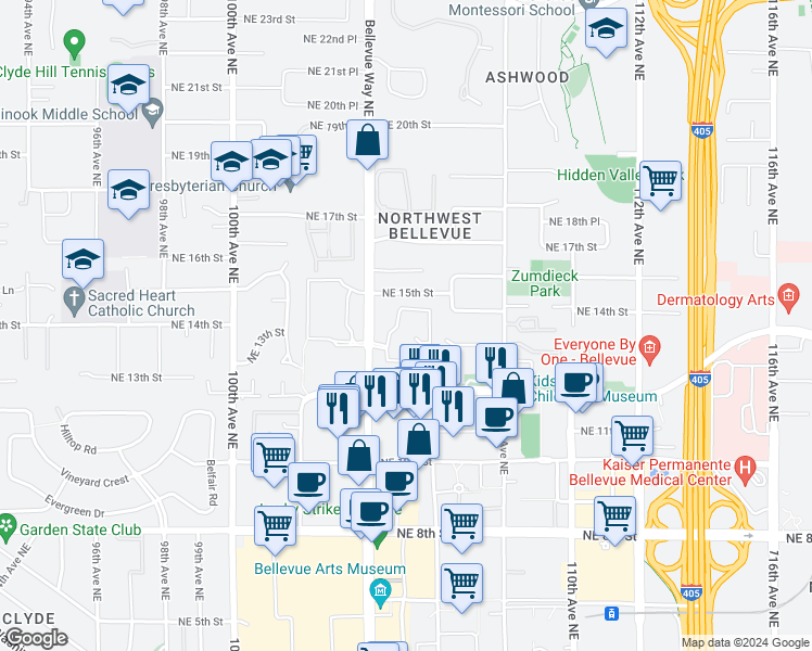 map of restaurants, bars, coffee shops, grocery stores, and more near 10425 Northeast 15th Street in Bellevue