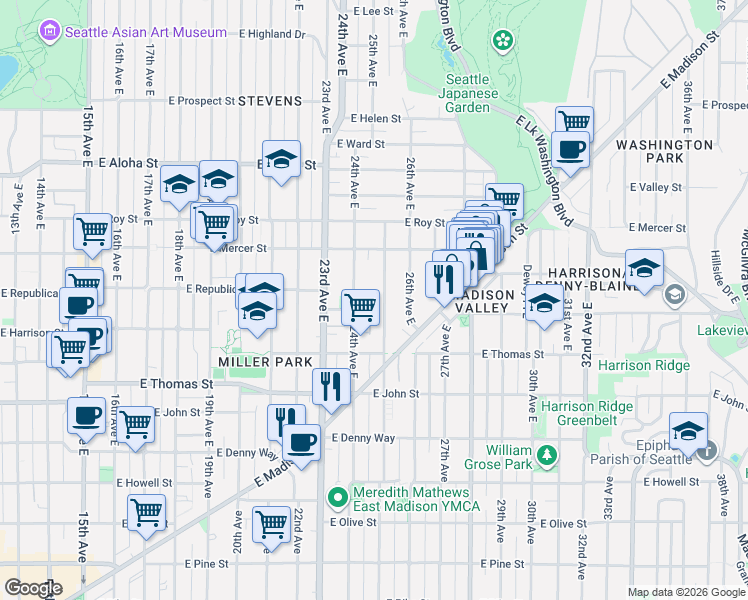 map of restaurants, bars, coffee shops, grocery stores, and more near 426 24th Avenue East in Seattle
