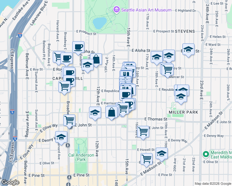 map of restaurants, bars, coffee shops, grocery stores, and more near 512 14th Avenue East in Seattle