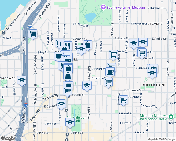 map of restaurants, bars, coffee shops, grocery stores, and more near 510 11th Avenue East in Seattle