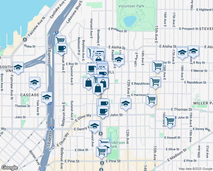map of restaurants, bars, coffee shops, grocery stores, and more near in Seattle