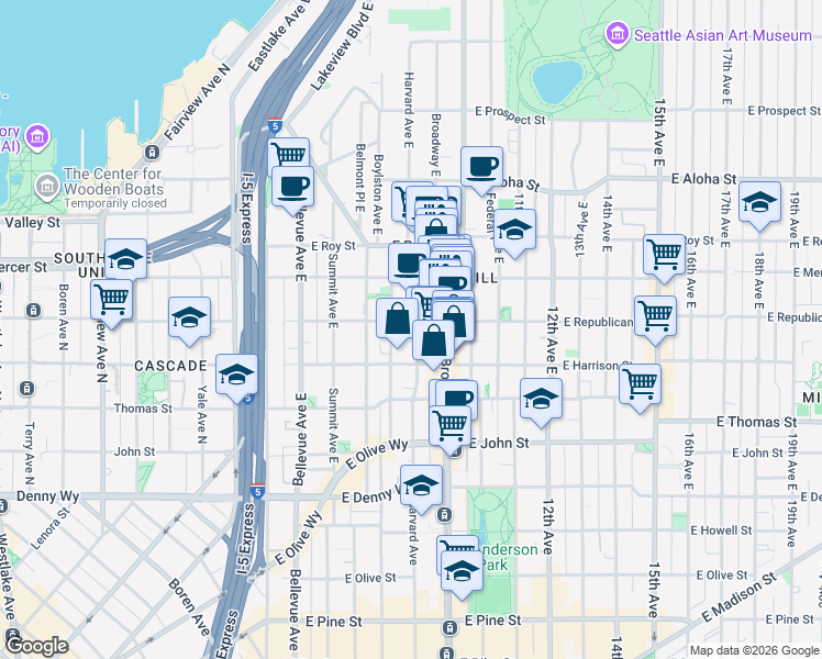 map of restaurants, bars, coffee shops, grocery stores, and more near 505 Broadway East in Seattle
