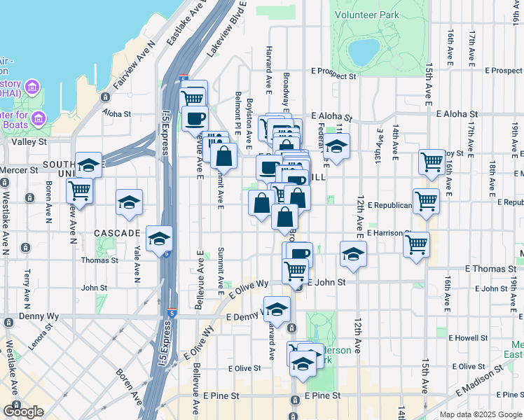 map of restaurants, bars, coffee shops, grocery stores, and more near in Seattle