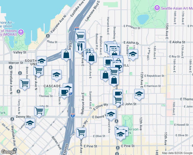 map of restaurants, bars, coffee shops, grocery stores, and more near in Seattle