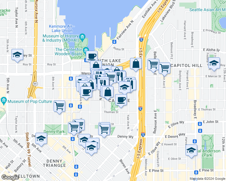map of restaurants, bars, coffee shops, grocery stores, and more near 510 Minor Avenue North in Seattle