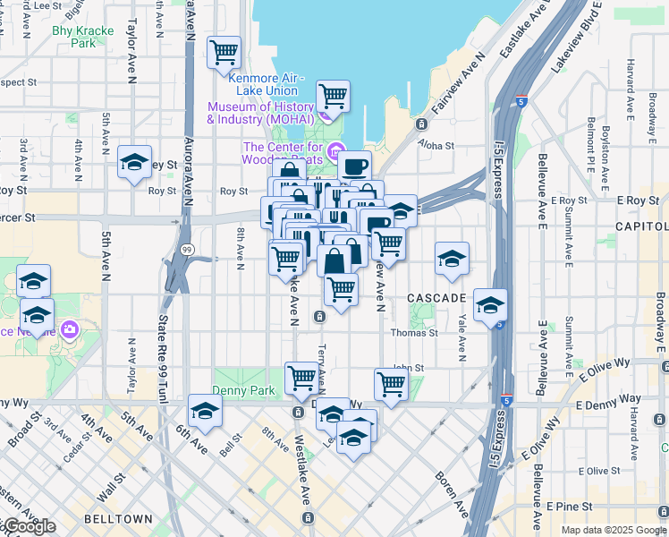 map of restaurants, bars, coffee shops, grocery stores, and more near 510 Terry Avenue North in Seattle