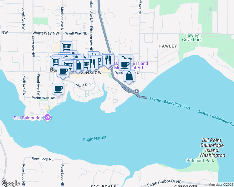 map of restaurants, bars, coffee shops, grocery stores, and more near 220 Olympic Drive Southeast in Bainbridge Island