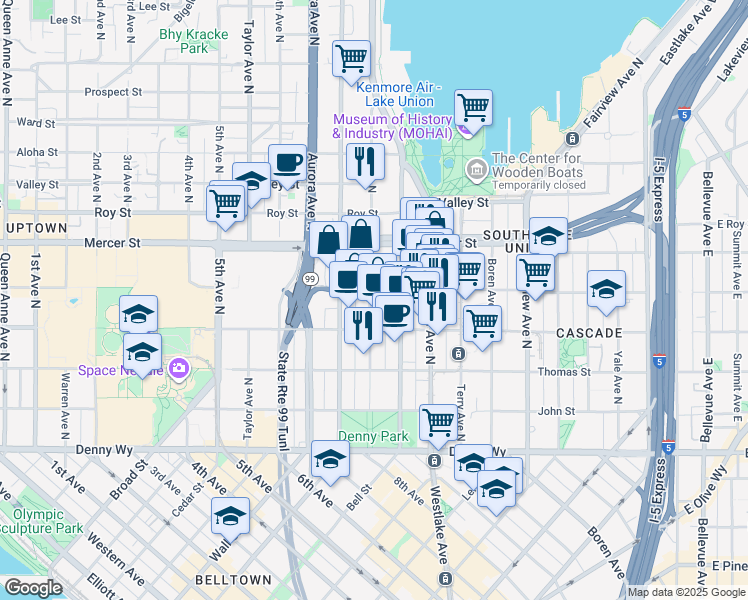 map of restaurants, bars, coffee shops, grocery stores, and more near 430 8th Avenue North in Seattle