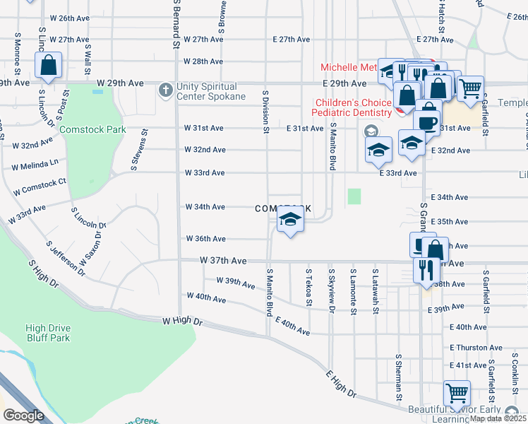 map of restaurants, bars, coffee shops, grocery stores, and more near 4 East 34th Avenue in Spokane