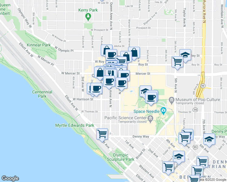 map of restaurants, bars, coffee shops, grocery stores, and more near 424 Queen Anne Avenue North in Seattle