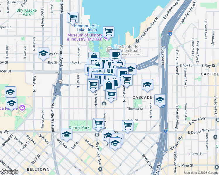 map of restaurants, bars, coffee shops, grocery stores, and more near 442 Terry Avenue North in Seattle