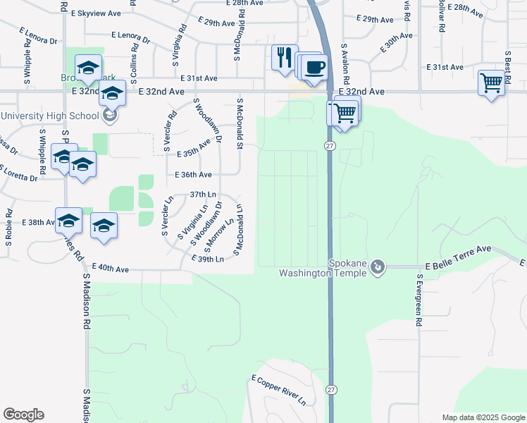 map of restaurants, bars, coffee shops, grocery stores, and more near 13025 East 37th Court in Spokane Valley
