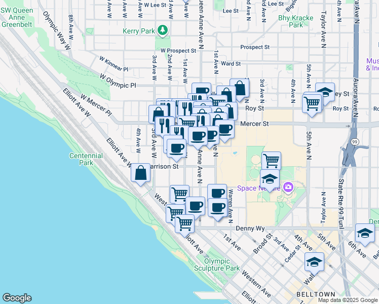 map of restaurants, bars, coffee shops, grocery stores, and more near 516 1st Avenue West in Seattle