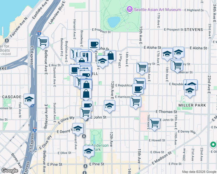 map of restaurants, bars, coffee shops, grocery stores, and more near 1107 East Republican Street in Seattle