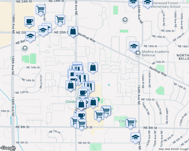 map of restaurants, bars, coffee shops, grocery stores, and more near 1555 158th Court Northeast in Bellevue