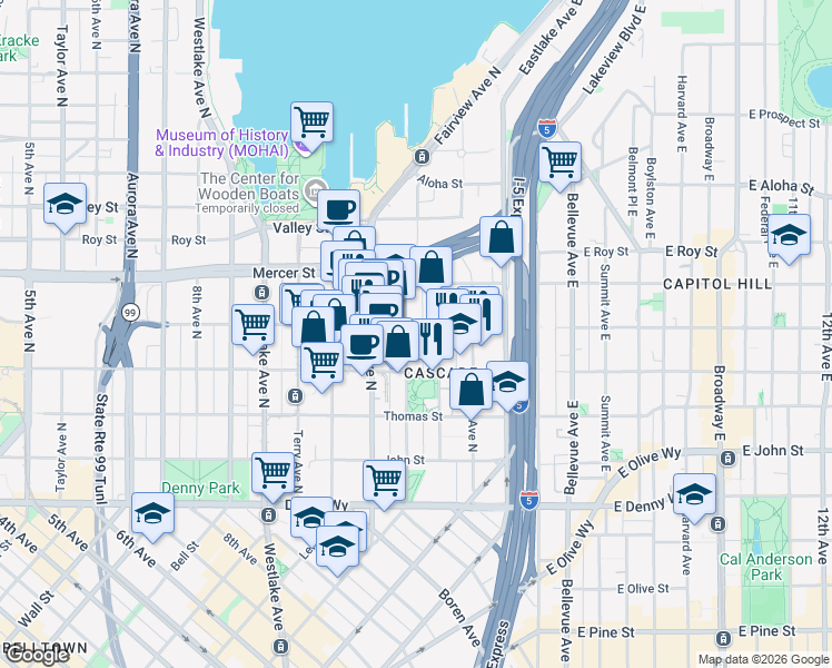 map of restaurants, bars, coffee shops, grocery stores, and more near 430 Minor Avenue North in Seattle