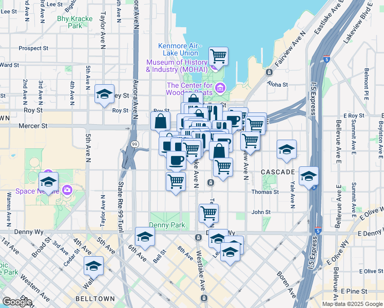 map of restaurants, bars, coffee shops, grocery stores, and more near 515 Westlake Avenue North in Seattle