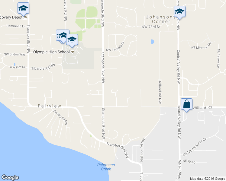 map of restaurants, bars, coffee shops, grocery stores, and more near 6445 Bronco Place Northwest in Bremerton