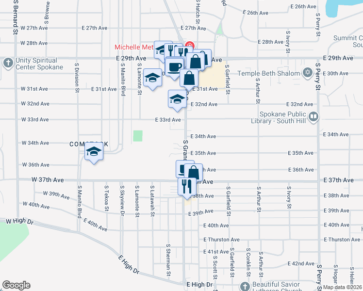 map of restaurants, bars, coffee shops, grocery stores, and more near 3334 South Grand Boulevard in Spokane